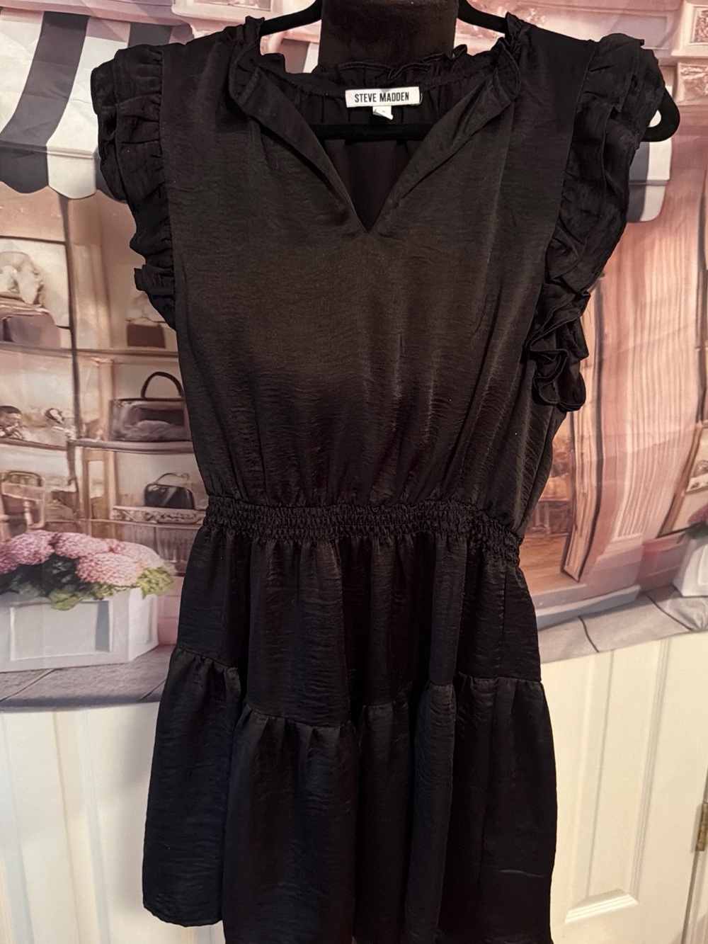 Steve Madden Black Ruffle Sleeve Tiered Mini Dress